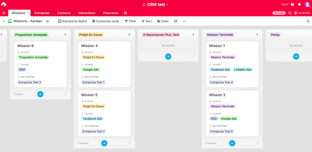 Airtable CRM - Missions Kanban